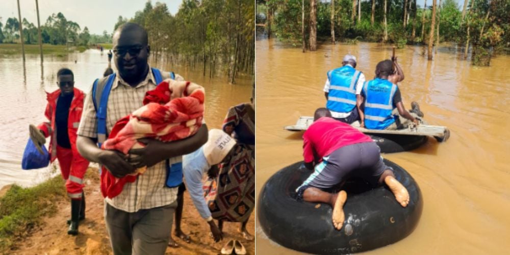 A collage of rescuing at Tembelela area along River Sabwani in Trans-Nzoia County.